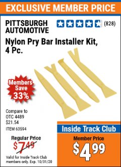 Harbor Freight ITC Coupon PITTSBURGH NYLON PRY BAR INSTALLER KIT, 4-PIECE Lot No. 63594 Expired: 10/31/20 - $4.99