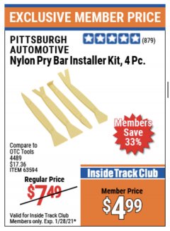 Harbor Freight ITC Coupon PITTSBURGH NYLON PRY BAR INSTALLER KIT, 4-PIECE Lot No. 63594 Expired: 1/28/21 - $4.99