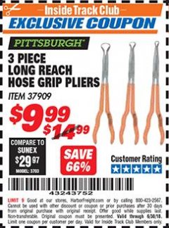 Harbor Freight ITC Coupon PITTSBURGH LONG-REACH HOSE GRIP PLIERS, 3-PIECE Lot No. 37909 Expired: 6/30/18 - $9.99