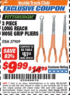 Harbor Freight ITC Coupon PITTSBURGH LONG-REACH HOSE GRIP PLIERS, 3-PIECE Lot No. 37909 Expired: 8/31/18 - $9.99