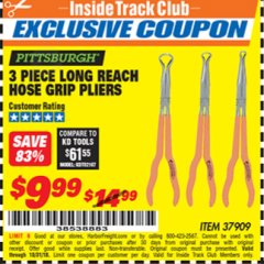 Harbor Freight ITC Coupon PITTSBURGH LONG-REACH HOSE GRIP PLIERS, 3-PIECE Lot No. 37909 Expired: 10/31/18 - $9.99