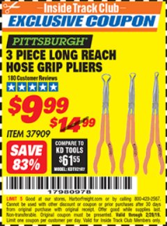 Harbor Freight ITC Coupon PITTSBURGH LONG-REACH HOSE GRIP PLIERS, 3-PIECE Lot No. 37909 Expired: 2/28/19 - $9.99
