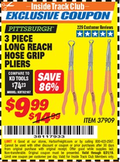 Harbor Freight ITC Coupon PITTSBURGH LONG-REACH HOSE GRIP PLIERS, 3-PIECE Lot No. 37909 Expired: 8/31/19 - $9.99