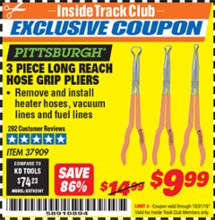 Harbor Freight ITC Coupon PITTSBURGH LONG-REACH HOSE GRIP PLIERS, 3-PIECE Lot No. 37909 Expired: 10/31/19 - $9.99