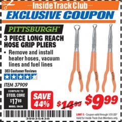Harbor Freight ITC Coupon PITTSBURGH LONG-REACH HOSE GRIP PLIERS, 3-PIECE Lot No. 37909 Expired: 1/31/20 - $9.99