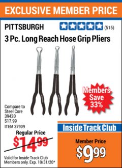 Harbor Freight ITC Coupon PITTSBURGH LONG-REACH HOSE GRIP PLIERS, 3-PIECE Lot No. 37909 Expired: 10/31/20 - $9.99