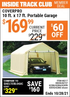 Harbor Freight ITC Coupon COVERPRO 10 FT. X 17 FT. PORTABLE CAR CANOPY Lot No. 62860 Expired: 10/28/21 - $169.99