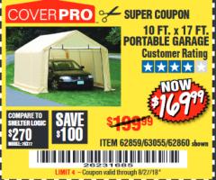 Harbor Freight Coupon COVERPRO 10 FT. X 17 FT. PORTABLE CAR CANOPY Lot No. 62860 Expired: 8/27/18 - $169.99