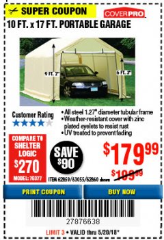 Harbor Freight Coupon COVERPRO 10 FT. X 17 FT. PORTABLE CAR CANOPY Lot No. 62860 Expired: 5/20/18 - $179.99