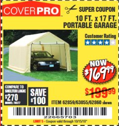 Harbor Freight Coupon COVERPRO 10 FT. X 17 FT. PORTABLE CAR CANOPY Lot No. 62860 Expired: 10/15/18 - $169.99