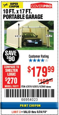 Harbor Freight Coupon COVERPRO 10 FT. X 17 FT. PORTABLE CAR CANOPY Lot No. 62860 Expired: 6/24/18 - $179.99