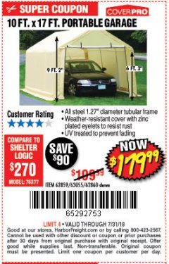 Harbor Freight Coupon COVERPRO 10 FT. X 17 FT. PORTABLE CAR CANOPY Lot No. 62860 Expired: 7/31/18 - $179.99