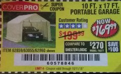 Harbor Freight Coupon COVERPRO 10 FT. X 17 FT. PORTABLE CAR CANOPY Lot No. 62860 Expired: 10/11/18 - $169.99