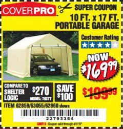 Harbor Freight Coupon COVERPRO 10 FT. X 17 FT. PORTABLE CAR CANOPY Lot No. 62860 Expired: 4/1/19 - $169.99