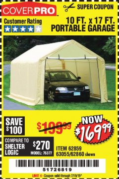 Harbor Freight Coupon COVERPRO 10 FT. X 17 FT. PORTABLE CAR CANOPY Lot No. 62860 Expired: 7/19/19 - $169.99