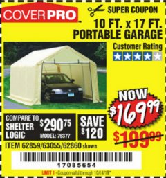 Harbor Freight Coupon COVERPRO 10 FT. X 17 FT. PORTABLE CAR CANOPY Lot No. 62860 Expired: 10/14/19 - $169.99