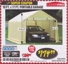 Harbor Freight Coupon COVERPRO 10 FT. X 17 FT. PORTABLE CAR CANOPY Lot No. 62860 Expired: 8/31/19 - $174.99