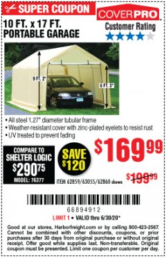 Harbor Freight Coupon COVERPRO 10 FT. X 17 FT. PORTABLE CAR CANOPY Lot No. 62860 Expired: 6/30/20 - $169.99