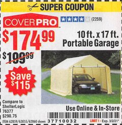 Harbor Freight Coupon COVERPRO 10 FT. X 17 FT. PORTABLE CAR CANOPY Lot No. 62860 Expired: 3/2/21 - $174.99
