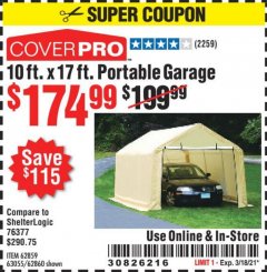 Harbor Freight Coupon COVERPRO 10 FT. X 17 FT. PORTABLE CAR CANOPY Lot No. 62860 Expired: 3/18/21 - $174.99