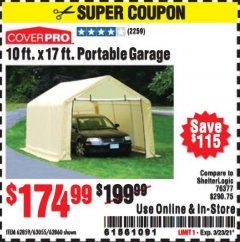 Harbor Freight Coupon COVERPRO 10 FT. X 17 FT. PORTABLE CAR CANOPY Lot No. 62860 Expired: 3/23/21 - $174.99