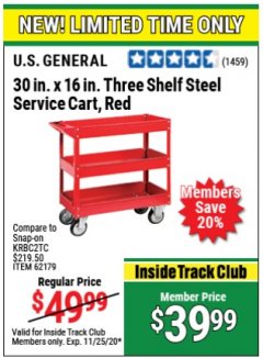Harbor Freight ITC Coupon U.S. GENERAL 30 IN. X 16 IN., 3-SHELF STEEL SERVICE CART, RED Lot No. 62179/6650/61165 Expired: 11/25/20 - $39.99