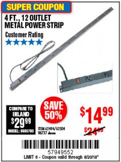 Harbor Freight Coupon HFT 12-OUTLET, 4 FT. METAL POWER STRIP Lot No. 96737 Expired: 8/20/18 - $14.99
