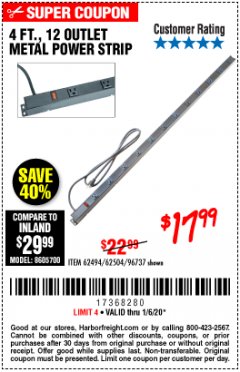 Harbor Freight Coupon HFT 12-OUTLET, 4 FT. METAL POWER STRIP Lot No. 96737 Expired: 1/6/20 - $17.99