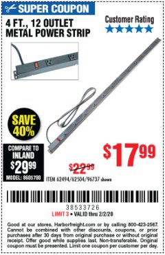 Harbor Freight Coupon HFT 12-OUTLET, 4 FT. METAL POWER STRIP Lot No. 96737 Expired: 2/2/20 - $17.99