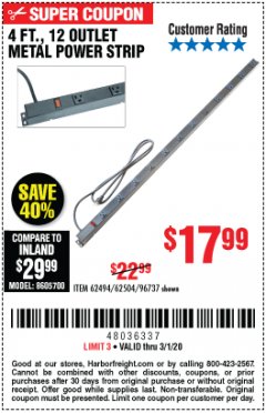 Harbor Freight Coupon HFT 12-OUTLET, 4 FT. METAL POWER STRIP Lot No. 96737 Expired: 3/1/20 - $17.99