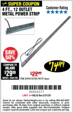 Harbor Freight Coupon HFT 12-OUTLET, 4 FT. METAL POWER STRIP Lot No. 96737 Expired: 6/30/20 - $14.99