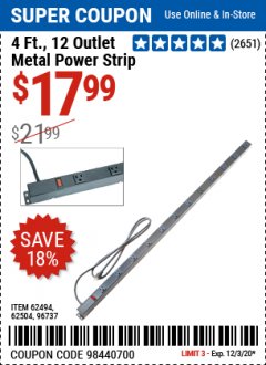 Harbor Freight Coupon HFT 12-OUTLET, 4 FT. METAL POWER STRIP Lot No. 96737 Expired: 12/3/20 - $17.99