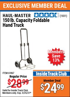 Harbor Freight ITC Coupon FRANKLIN 150 LB. CAPACITY FOLDABLE HAND TRUCK Lot No. 58298 Expired: 3/25/21 - $24.99