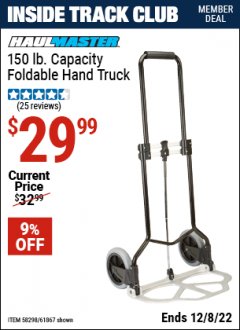 Harbor Freight Coupon FRANKLIN 150 LB. CAPACITY FOLDABLE HAND TRUCK Lot No. 58298 Expired: 12/8/22 - $29.99
