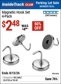 Harbor Freight ITC Coupon MAGNETIC HOOK SET, 4-PACK Lot No. 98502 Expired: 8/13/26 - $2.48