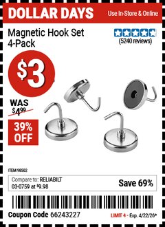 Harbor Freight Coupon MAGNETIC HOOK SET, 4-PACK Lot No. 98502 Expired: 4/22/26 - $3
