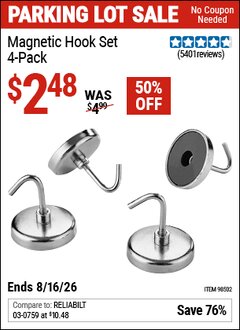 Harbor Freight Coupon MAGNETIC HOOK SET, 4-PACK Lot No. 98502 Expired: 8/16/26 - $2.48