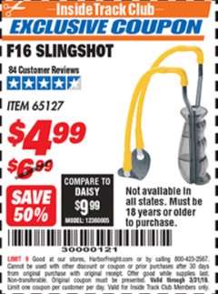 Harbor Freight ITC Coupon DAISY OUTDOOR PRODUCTS F16 SLINGSHOT Lot No. 65127 Expired: 3/31/19 - $4.99