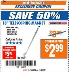 Harbor Freight ITC Coupon PITTSBURGH 18 IN. TELESCOPING MAGNETIC PICKUP TOOL, 1.25 LB. CAPACITY Lot No. 37187 Expired: 10/30/18 - $2.99