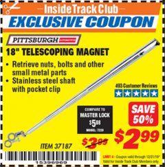 Harbor Freight ITC Coupon PITTSBURGH 18 IN. TELESCOPING MAGNETIC PICKUP TOOL, 1.25 LB. CAPACITY Lot No. 37187 Expired: 12/31/19 - $2.99