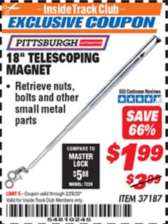 Harbor Freight ITC Coupon PITTSBURGH 18 IN. TELESCOPING MAGNETIC PICKUP TOOL, 1.25 LB. CAPACITY Lot No. 37187 Expired: 2/29/20 - $1.99