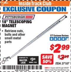 Harbor Freight ITC Coupon PITTSBURGH 18 IN. TELESCOPING MAGNETIC PICKUP TOOL, 1.25 LB. CAPACITY Lot No. 37187 Expired: 4/30/20 - $2.99