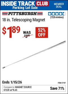 Harbor Freight ITC Coupon PITTSBURGH 18 IN. TELESCOPING MAGNETIC PICKUP TOOL, 1.25 LB. CAPACITY Lot No. 37187 Expired: 1/15/26 - $1.89