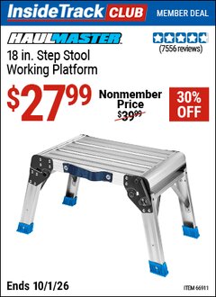 Harbor Freight Coupon HAUL-MASTER 18 IN. STEP STOOL WORKING PLATFORM Lot No. 66911 Valid: 12/31/69 - 10/1/26 - $27.99