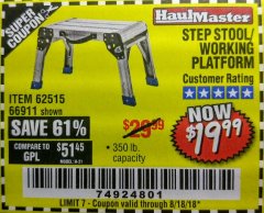 Harbor Freight Coupon HAUL-MASTER 18 IN. STEP STOOL WORKING PLATFORM Lot No. 66911 Expired: 8/18/18 - $19.99