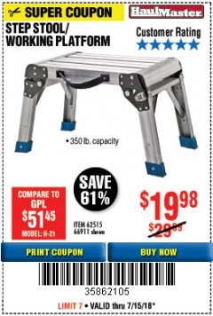 Harbor Freight Coupon HAUL-MASTER 18 IN. STEP STOOL WORKING PLATFORM Lot No. 66911 Expired: 7/31/18 - $19.98