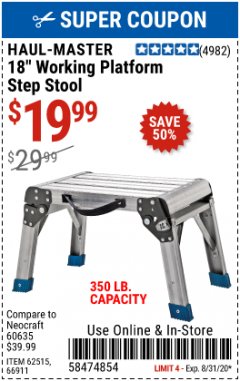 Harbor Freight Coupon HAUL-MASTER 18 IN. STEP STOOL WORKING PLATFORM Lot No. 66911 Expired: 8/31/20 - $19.99