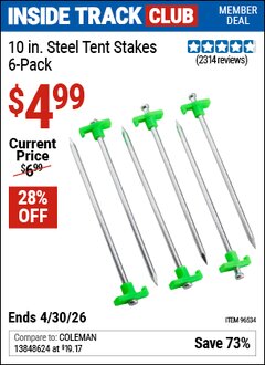 Harbor Freight ITC Coupon 10 IN. STEEL TENT STAKES, 6-PACK Lot No. 96534 Expired: 4/30/26 - $4.99