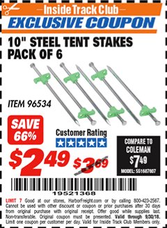 Harbor Freight ITC Coupon 10 IN. STEEL TENT STAKES, 6-PACK Lot No. 96534 Expired: 9/30/18 - $2.49