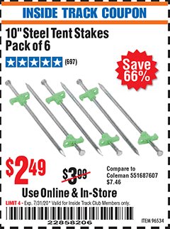Harbor Freight ITC Coupon 10 IN. STEEL TENT STAKES, 6-PACK Lot No. 96534 Expired: 7/31/20 - $2.49